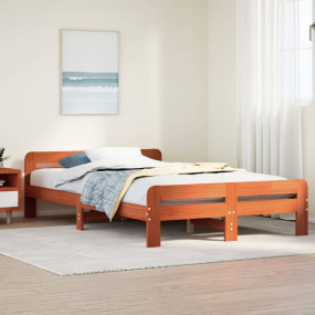 Bed Frame Wax Brown Solid Pine Wood, Plywood Small Doub...