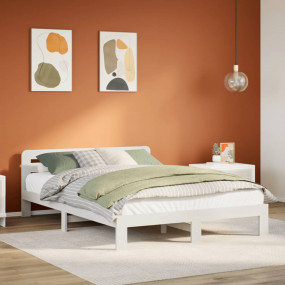 Bed Frame White Solid Pine Wood, Plywood 55.1 x 74.8 in...