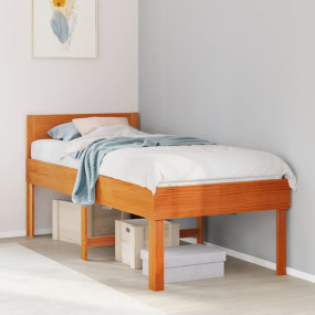 Bed Frame Wax Brown Solid pine wood Twin Bed Frame Rect...