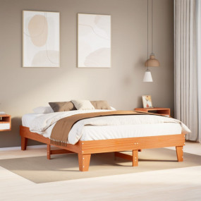 Bed Frame Wax Brown Solid Pine Wood, Plywood 55.1 x 74....