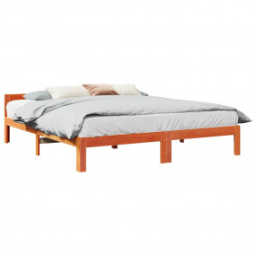 Bed Frame Wax Brown Solid Pine Wood, Plywood Double Bed...