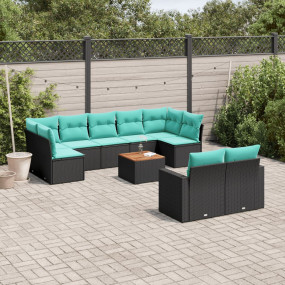 10 Piece Patio Sofa Set with Cushions Black Poly Rattan