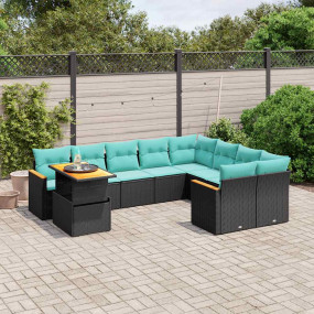 10 Piece Patio Sofa Set with Cushions Black Poly Rattan