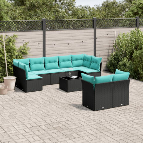 10 Piece Patio Sofa Set with Cushions Black Poly Rattan