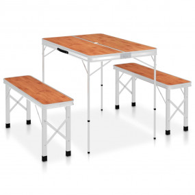 Folding Camping Table with 2 Benches Aluminum Brown