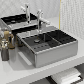 Wash Basin with Overflow 16.1x16.1x5.9" Ceramic Silver
