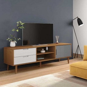 TV Cabinet "MOLDE" Brown 62.2x15.7x19.3" Solid Wood Pin...