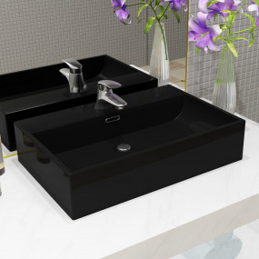 Basin with Faucet Hole Ceramic Black 23.8x16.7x5.7"