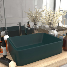 Luxury Wash Basin Matt Dark Green 16.1x11.8x4.7" Cerami...