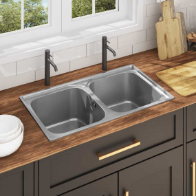 Kitchen Sink Double Basin with Strainer & Trap Stainles...