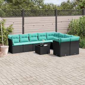 10 Piece Patio Sofa Set with Cushions Black Poly Rattan