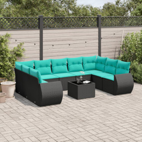 10 Piece Patio Sofa Set with Cushions Black Poly Rattan