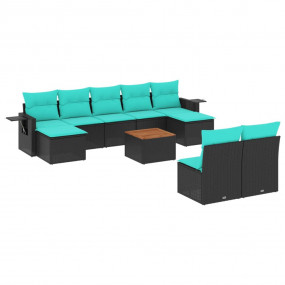 10 Piece Patio Sofa Set with Cushions Black Poly Rattan