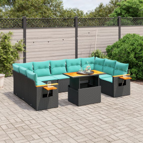 10 Piece Patio Sofa Set with Cushions Black Poly Rattan