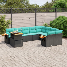 10 Piece Patio Sofa Set with Cushions Black Poly Rattan