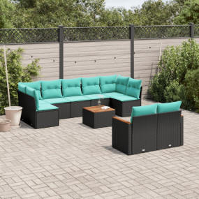10 Piece Patio Sofa Set with Cushions Black Poly Rattan