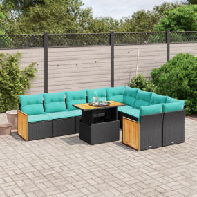 10 Piece Patio Sofa Set with Cushions Black Poly Rattan