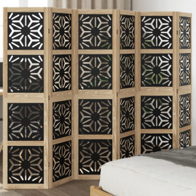 Room Divider 6 Panels Brown and Black Solid Wood Paulow...