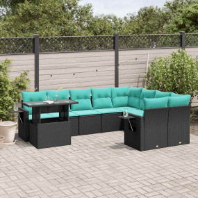 10 Piece Patio Sofa Set with Cushions Black Poly Rattan