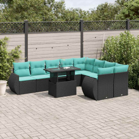 10 Piece Patio Sofa Set with Cushions Black Poly Rattan