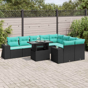 10 Piece Patio Sofa Set with Cushions Black Poly Rattan