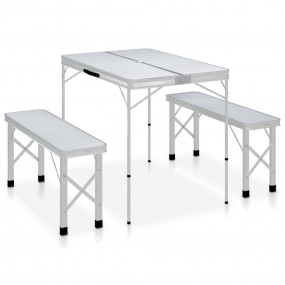Folding Camping Table with 2 Benches Aluminum White