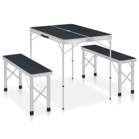 Folding Camping Table with 2 Benches Aluminum Grey