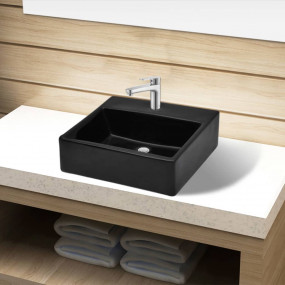 Ceramic Bathroom Sink Basin with Faucet Hole Black Squa...