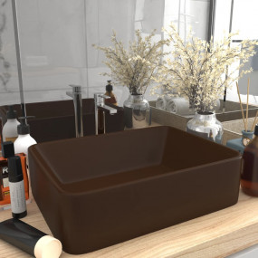 Luxury Wash Basin Matt Dark Brown 16.1x11.8x4.7" Cerami...