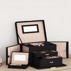 Jewelry Box 3-Layer with Mirror Lockable Black 10.2x7.1...
