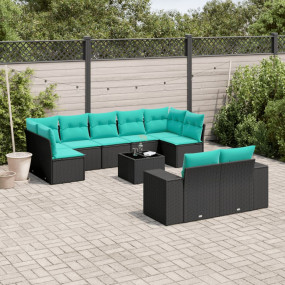 10 Piece Patio Sofa Set with Cushions Black Poly Rattan