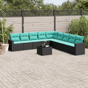 10 Piece Patio Sofa Set with Cushions Black Poly Rattan