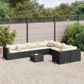 10 Piece Patio Sofa Set with Cushions Black Poly Rattan