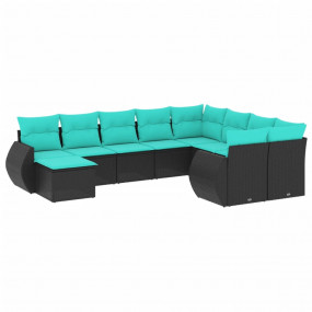 10 Piece Patio Sofa Set with Cushions Black Poly Rattan