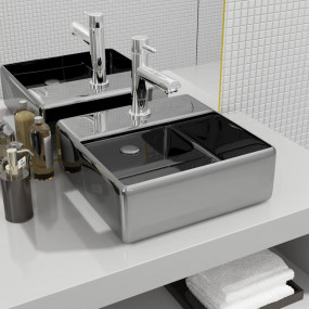 Wash Basin with Faucet Hole 15.0x11.8x4.5" Ceramic Silv...