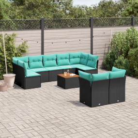 10 Piece Patio Sofa Set with Cushions Black Poly Rattan