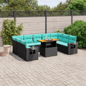 10 Piece Patio Sofa Set with Cushions Black Poly Rattan
