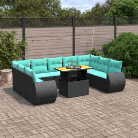 10 Piece Patio Sofa Set with Cushions Black Poly Rattan