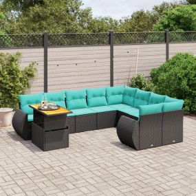 10 Piece Patio Sofa Set with Cushions Black Poly Rattan
