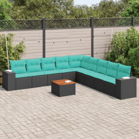 10 Piece Patio Sofa Set with Cushions Black Poly Rattan