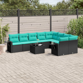 10 Piece Patio Sofa Set with Cushions Black Poly Rattan