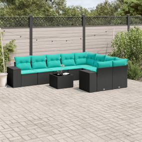 10 Piece Patio Sofa Set with Cushions Black Poly Rattan