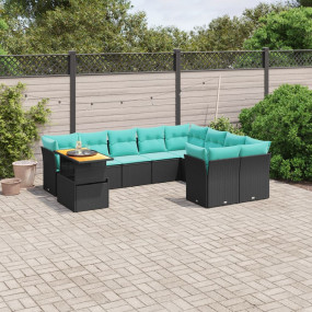 10 Piece Patio Sofa Set with Cushions Black Poly Rattan