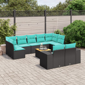 10 Piece Patio Sofa Set with Cushions Black Poly Rattan