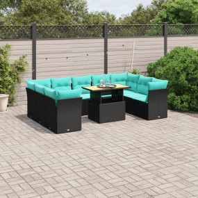 10 Piece Patio Sofa Set with Cushions Black Poly Rattan