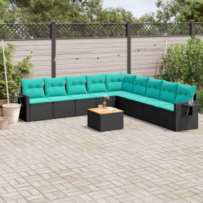10 Piece Patio Sofa Set with Cushions Black Poly Rattan