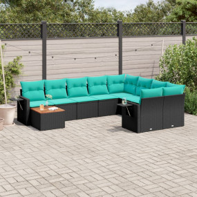 10 Piece Patio Sofa Set with Cushions Black Poly Rattan