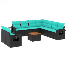 10 Piece Patio Sofa Set with Cushions Black Poly Rattan