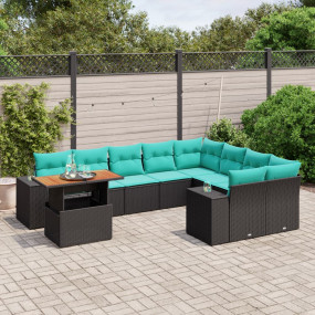 10 Piece Patio Sofa Set with Cushions Black Poly Rattan