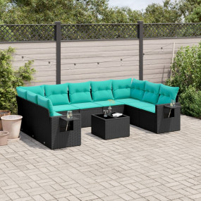 10 Piece Patio Sofa Set with Cushions Black Poly Rattan
